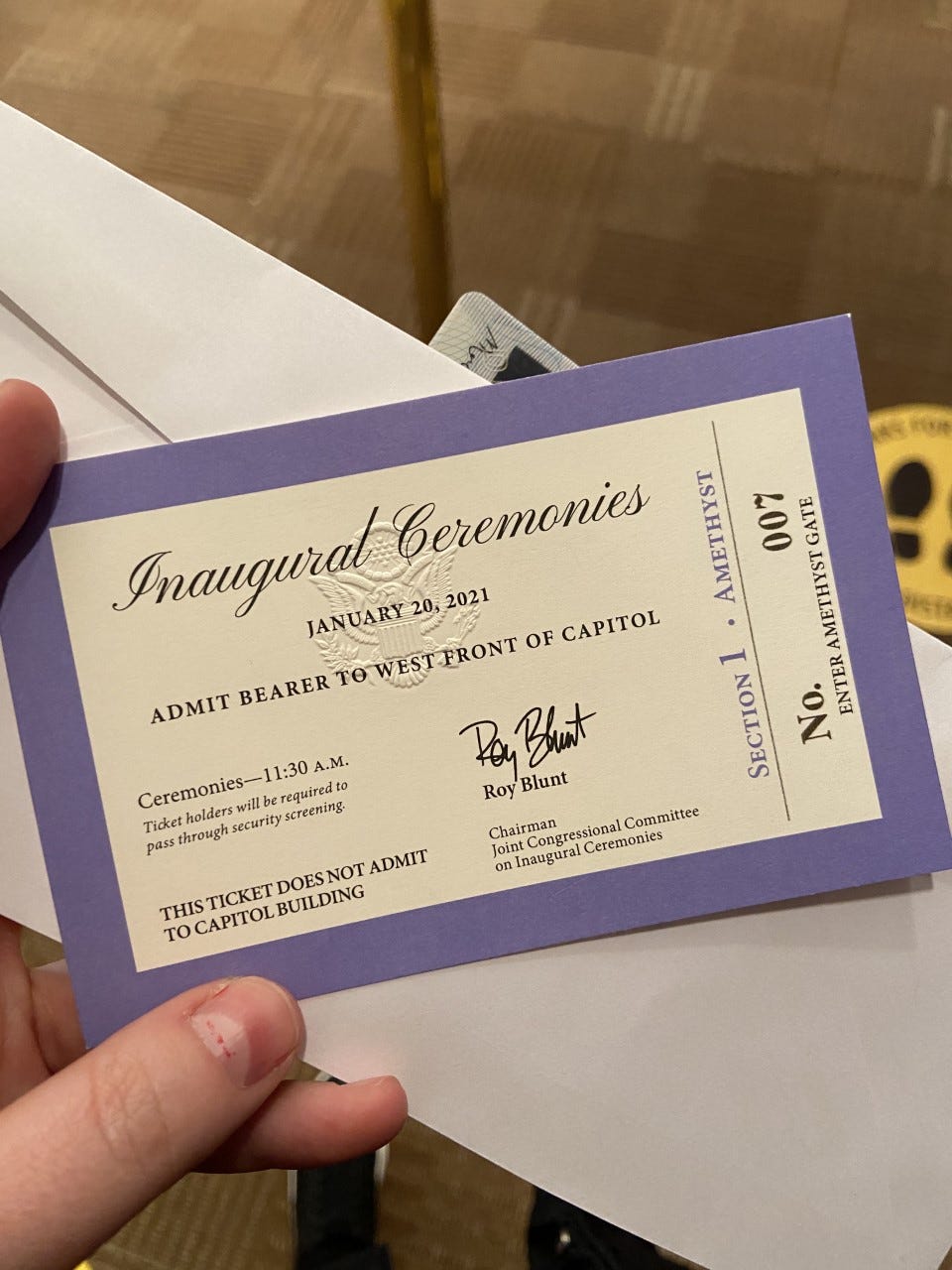 A photo of the inauguration ceremonies ticket reporter Meredith Newman needed to attend President Joe Biden's inauguration.