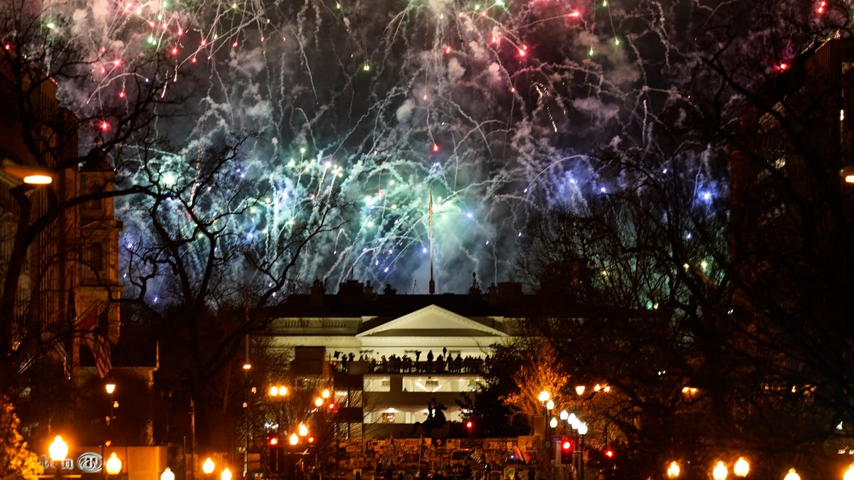 Fireworks light up the sky around the White House, Wednesday night, Jan. 20, 2021, in Washington, as part of the festivities after President Joe Biden was inaugurated today.