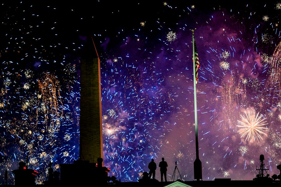 Fireworks are seen above the White House and the Washington Monument at the end of the Inauguration day for US President Joe Biden in Washington, DC, on January 20, 2021.