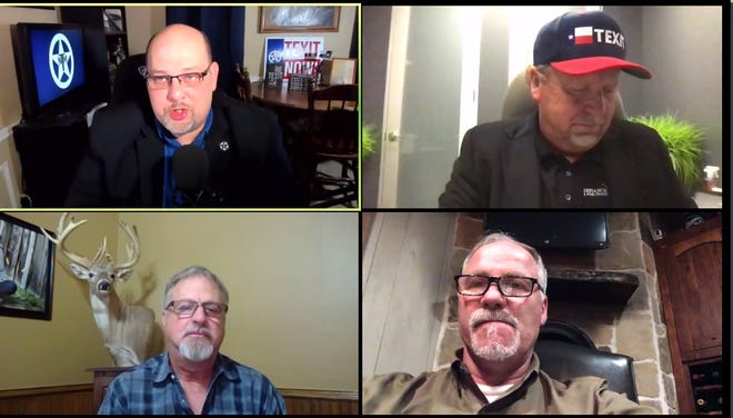 The Texas Nationalist Movement discussed its strategy during a Thursday night virtual town hall with Rep. Kyle Biedermann, R-Fredericksburg, bottom right, who is filing a bill calling for a statewide vote on secession. Also seen are TNM President Daniel Miller, top left, and secession backers Randy Council, bottom left, and David Roberts, top right.