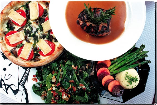 A sampling from Adesso California Cafe, (pictured clockwise from top right) is grilled boneless Lundy port loin stuffed with pancetta; garlic and rosemary; vegetable plate with carrots, beets and asparagus; Spinach salad with pancetta, shallots, pine nuts with sherry vinegar and walnut oils; and warmed Brie cheese and Portobello mushroom brick oven pizza,