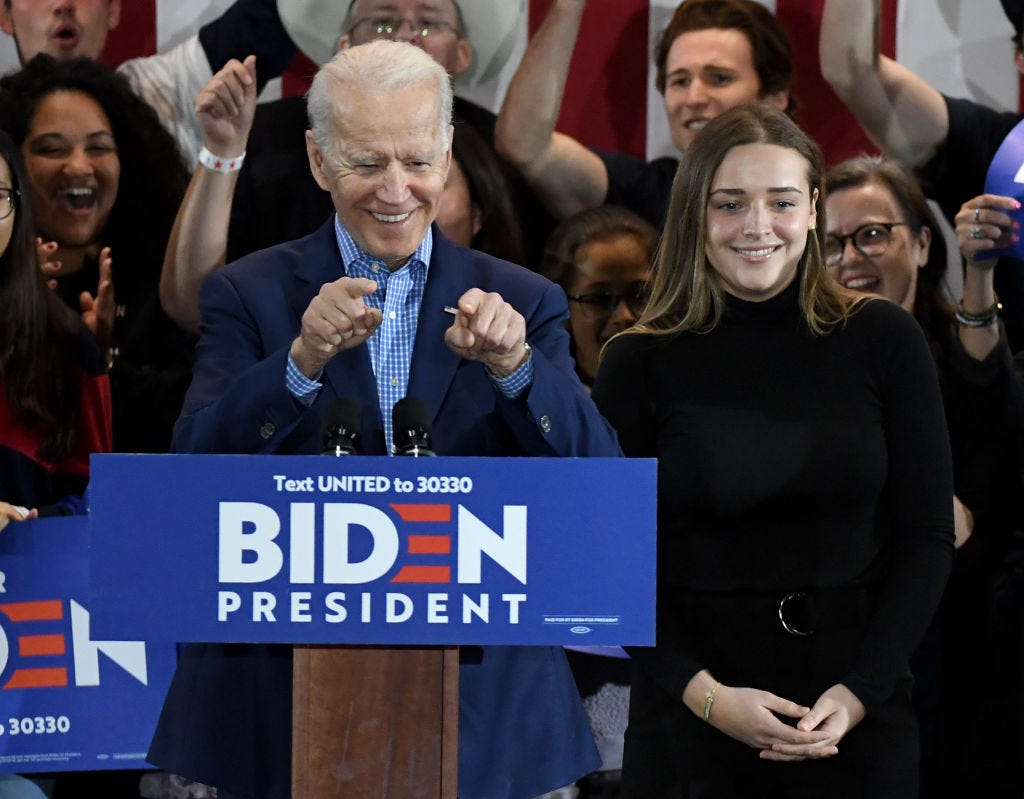 Then-Democratic presidential nominee Joe Biden with his granddaughter Finnegan Biden at a Las Vegas caucus event on Feb. 22, 2020.