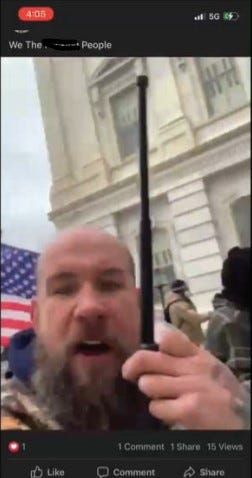 Authorities say Scott Fairlamb, of Stockholm, allegedly shown holding a baton in this screenshot, took part in the riots at the U.S. Capitol on Jan. 6.