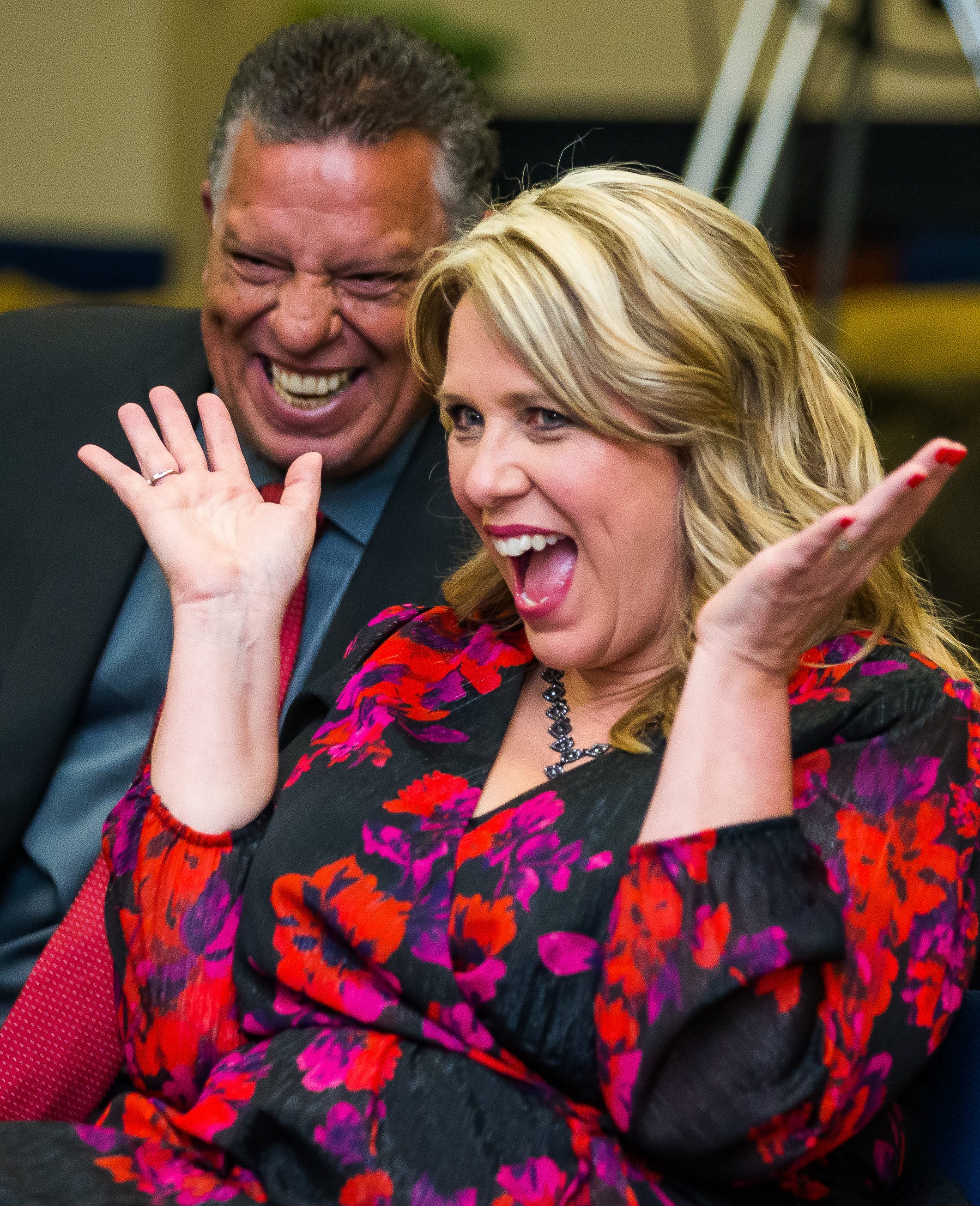 Christine Fernandez, MCPSonline kindergarten and first-grade teacher at Shady Hill Elementary School, reacts as she was named 2021 Teacher of the Year at the 31st annual Golden Apple Gala on Friday night. [Doug Engle/Ocala Star Banner]2021