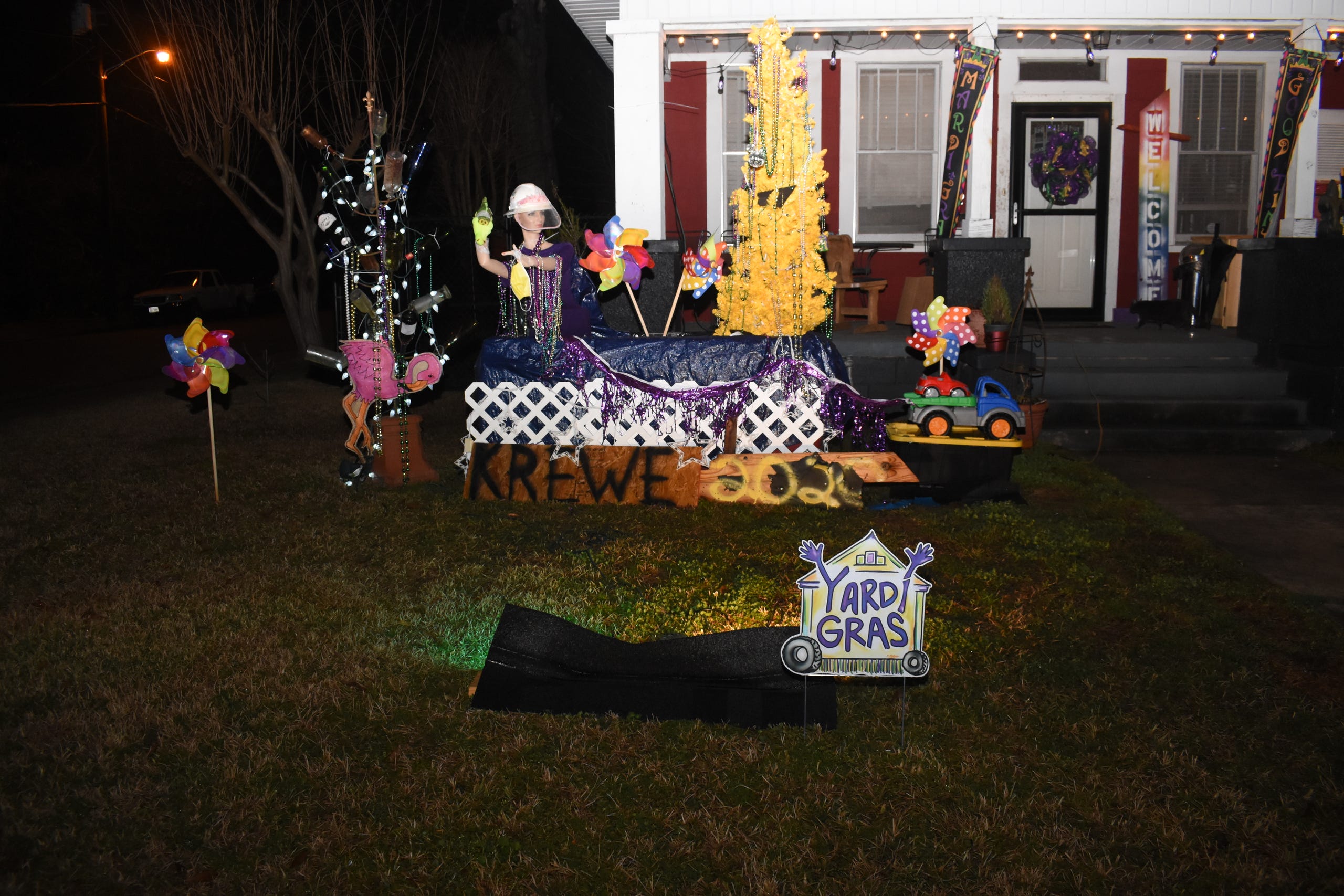 Alexandria Garden District residents D.C. Sills and Janice Williams decided to make a float in the front yard of their Polk Street home once they saw people in New Orleans decorating their houses as floats. Their house float, explainedÊSills, is more of a truck parade kind of floatÊthan a krewe parade float.