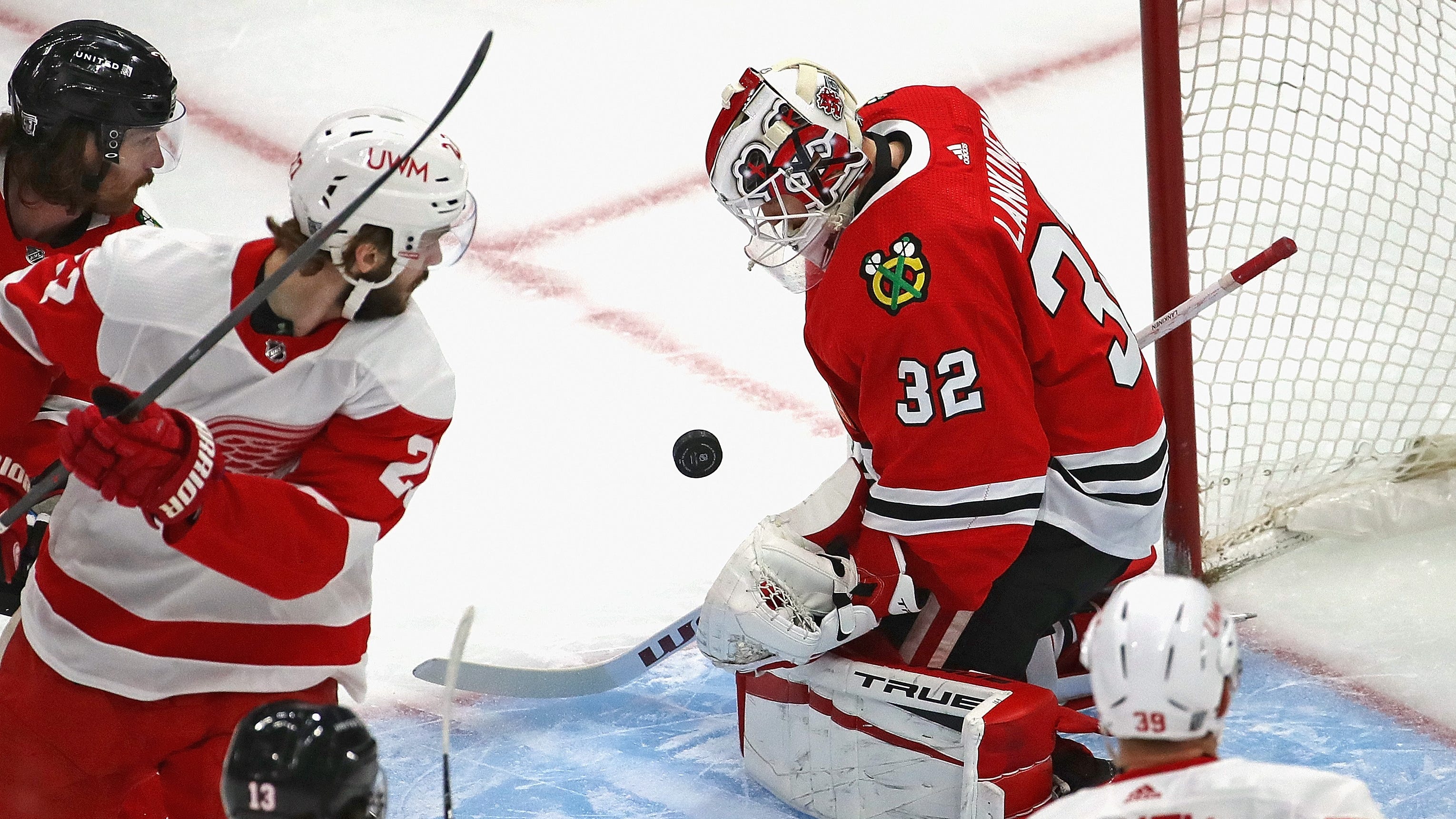 Kevin Lankinen of the Chicago Blackhawks makes a save against the Detroit Red Wings at the United Center on Jan. 22, 2021 in Chicago.