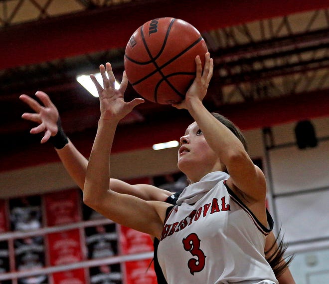 Christoval's Sadie Clark (3), at right, drives toward the basket during a game against McCamey on Friday, Jan. 22, 2021.