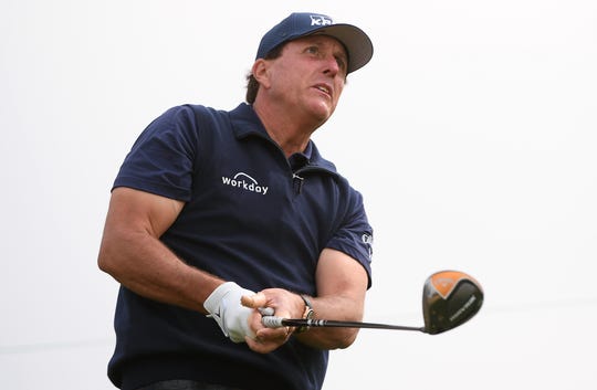 Phil Mickelson watches his shot from the third tee during the second round of The American Express golf tournament at PGA West Peter Dye Stadium Course.