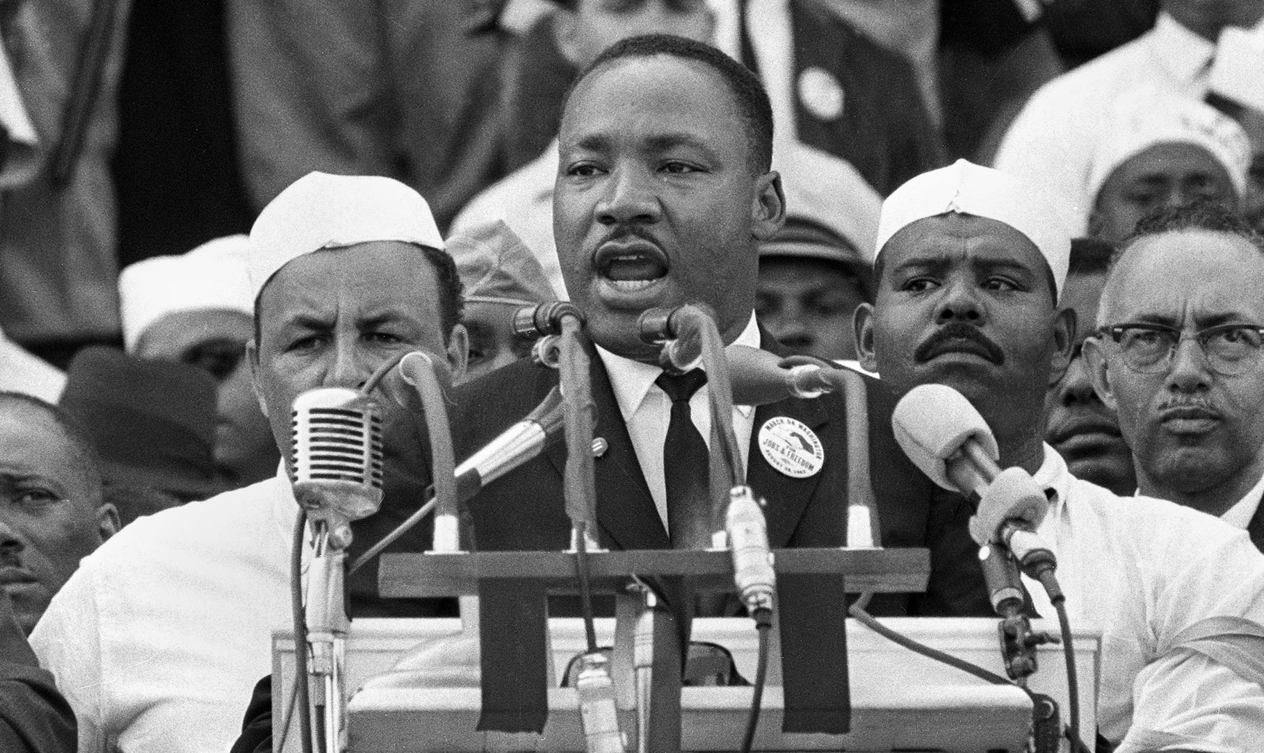 In this Aug. 28, 1963 file photo, Dr. Martin Luther King Jr., head of the Southern Christian Leadership Conference, addresses marchers during his "I Have a Dream" speech at the Lincoln Memorial in Washington.