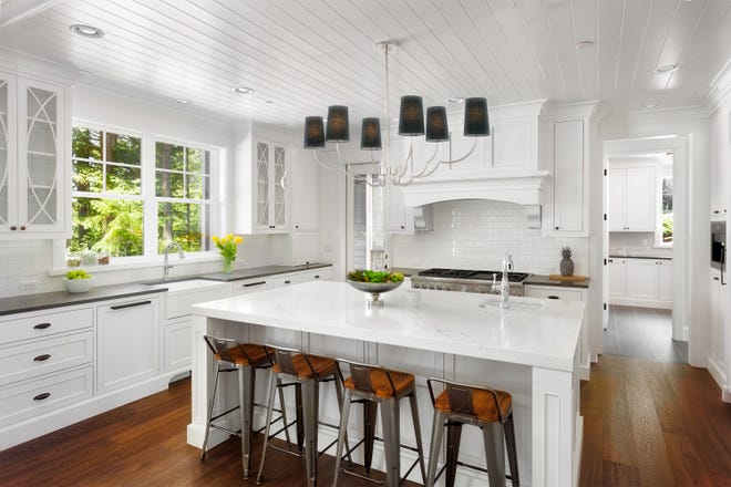 THE LOOK: Modern farmhouse interiors with black or dark fixtures are big on both coasts, says New York interior designer Gala Magriñá. “We’re moving away from heavy, ornate, crystal, and overly done light fixtures, to looks that are sleeker, lighter, cleaner, and more modern.