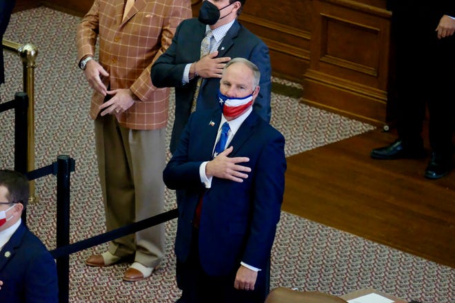 State Rep. Kyle Biedermann, R-Fredericksburg, during Pledge of Allegiance to American flag on Tuesday in Texas House shortly after he filed bill calling for statewide vote on Texas secession from the U.S. KEN HERMAN/American-Statesman