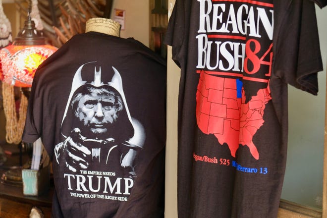 Donald Trump t-shirt displayed in Fredericksburg store.