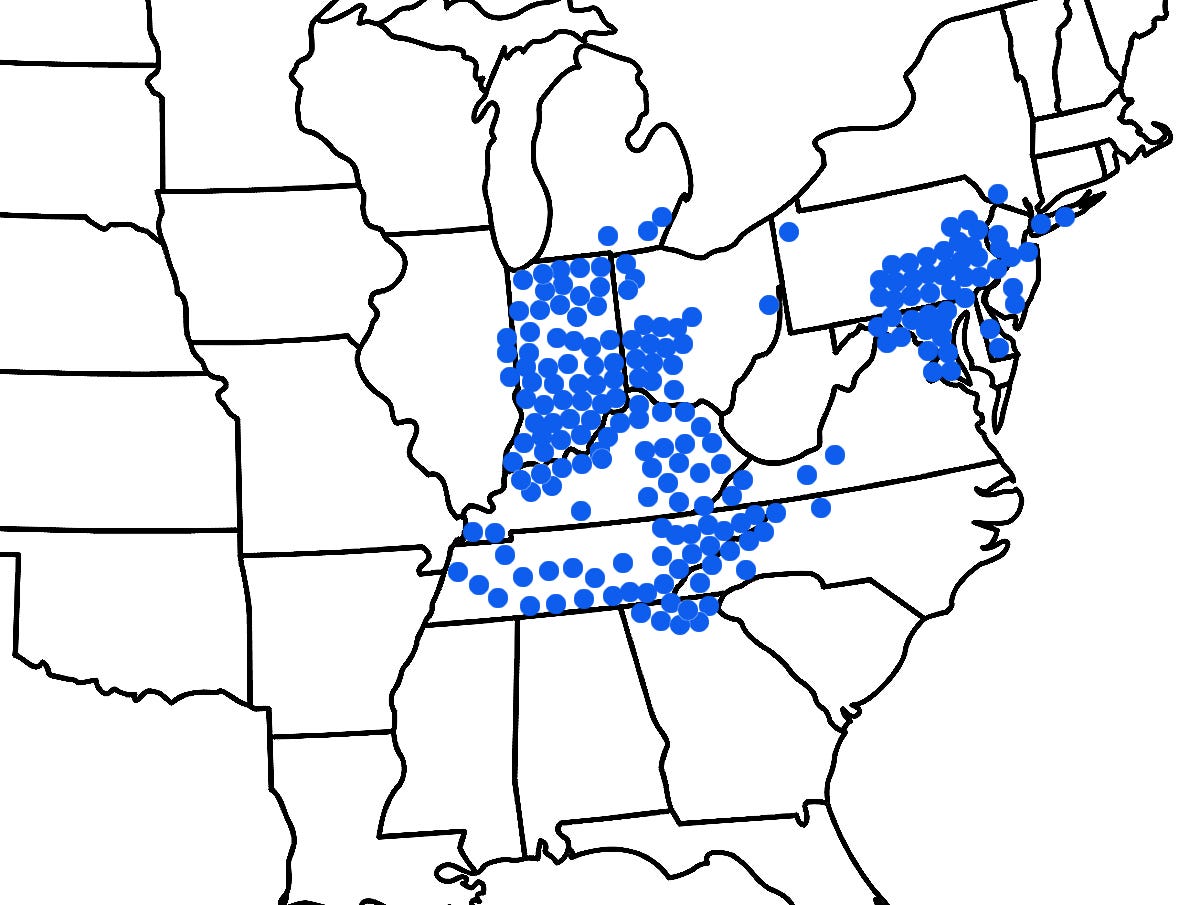 This map shows where Brood X periodical cicadas are expected to emerge in spring 2021. This huge brood emerges every 17 years.
