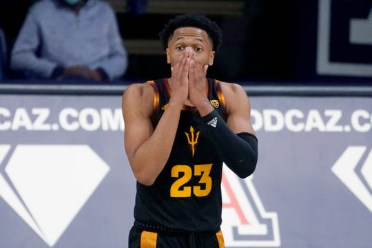 Arizona State forward Marcus Bagley (23) reacts after fouling out during the second half of an NCAA college basketball game against Arizona, Monday, Jan. 25, 2021, in Tucson, Ariz. Arizona won 80-67. (AP Photo/Rick Scuteri)