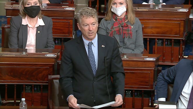 In this image from video, Sen. Rand Paul, R-Ky., makes a motion that the impeachment trial against former President Donald Trump is unconstitutional in the Senate at the U.S. Capitol in Washington, Tuesday, Jan. 26, 2021. (Senate Television via AP) ORG XMIT: WX311