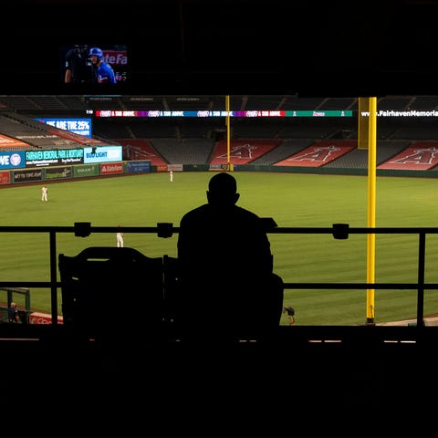 General view of an Angel Stadium devoid of fans du
