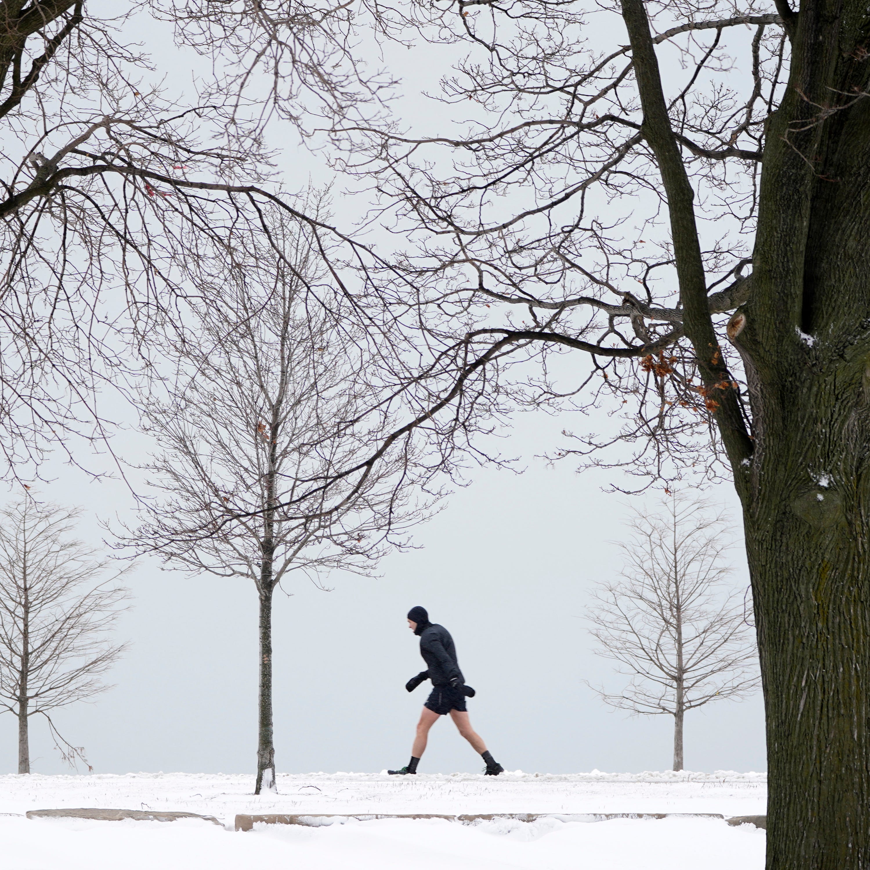 A lone runner leans into a stiff wind near Lake Michigan on the Northside of Chicago Tuesday, Jan. 26, 2021. A major winter storm dumped more than a foot of snow on parts of the middle of the country stretching from central Kansas northeast to Chicago and southern Michigan.