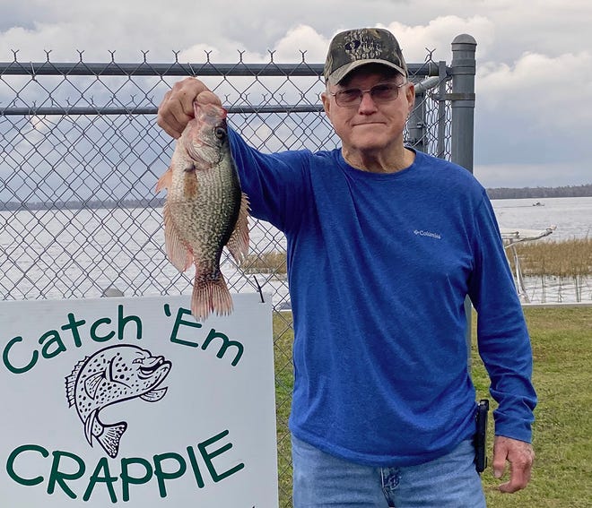 Jim Booth had big fish with this 1.80 pound speckled perch during the Hoppy’s Marine CATCH’EM CRAPPIE tournament Jan. 23 at Port Hatchineha.