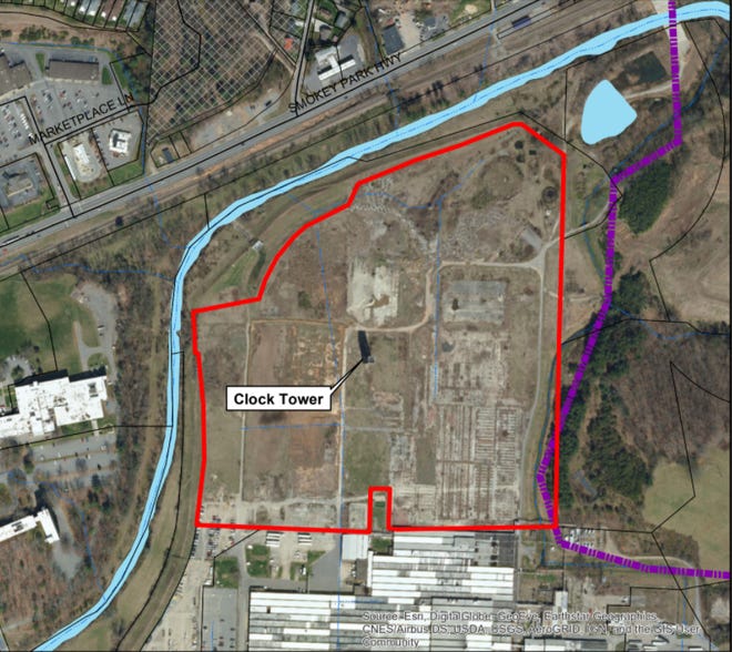 An aerial view of the site for a planned $30 million Asheville warehouse whose operator has not been revealed but has many similarities to an Amazon distribution center. The 32-acre property is off Smokey Park Highway near Enka Village.