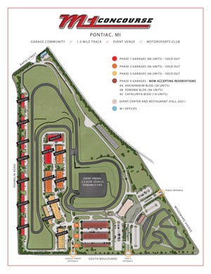 A map of the 87-acre M1 facility shows its 1.5-mile race track, 253 garage units and planned M1 Concourse Event Center and Restaurant (at the southeast corner).