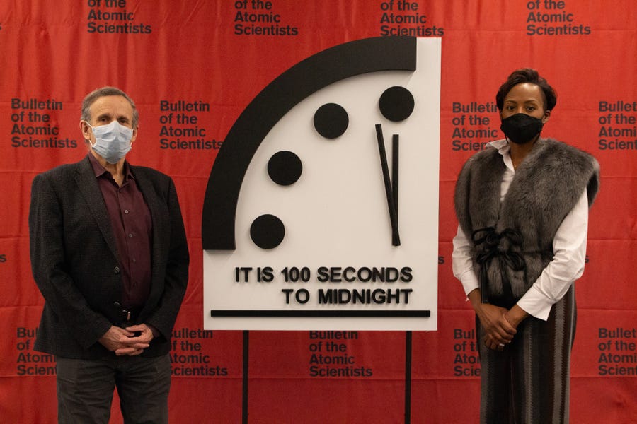 Members of the Bulletin of the Atomic Scientists' Science and Security Board, Robert Rosner and Suzet McKinney, reveal the 2021 setting of the Doomsday Clock: It is still 100 seconds to midnight.