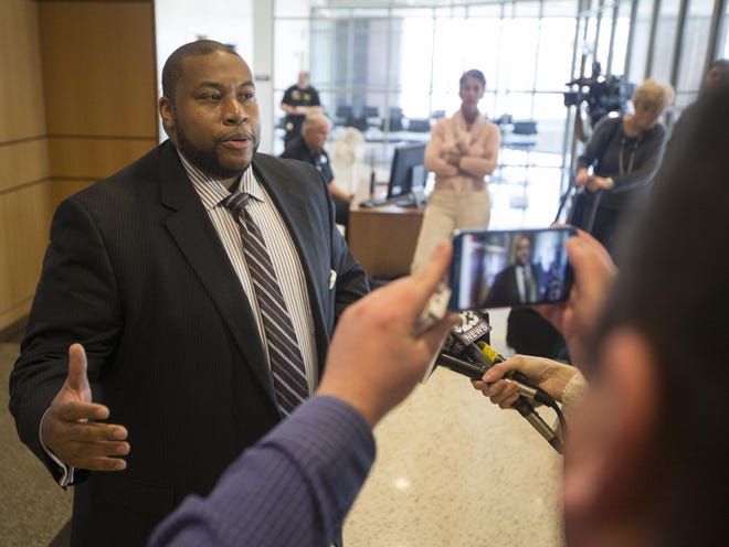 Attorney Keenan Saulter answered questions from reporters on March 25, 2016 after representing day care workers and children present when police fatally shot Mark Anthony Barmore in a church in downtown Rockford.  His customers received around $ 360,000.
