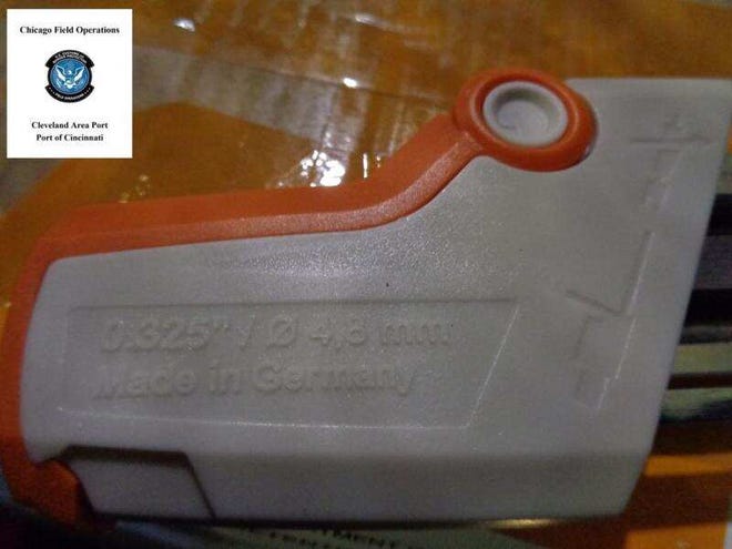 U.S. Customs and Border Protection officers in Cincinnati say they seized 500 counterfeit Stihl chainsaw chain sharpeners from Hong Kong on Jan. 26.