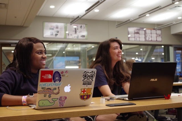 Mary Callanan, right, in 2015 during a Girls Who Code meeting at Marquette University with Ayanna Hairston, her coding partner.