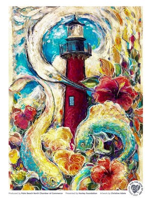 The 36th annual ArtiGras Fine Arts Festival commemorative poster features an image of the Jupiter Lighthouse surrounded by different types of fish and colorful larger-than-life hibiscuses.