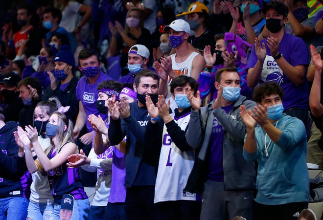 GCU fans dance before a contest between GCU and New Mexico State at GCU Arena, Jan. 29, 2021.