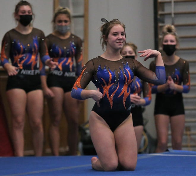 San Angelo Central's Madison Vogel competes on floor exercise during an optional meet with Rockwall at the James R. White Gymnastics Center on Friday, Jan. 29, 2021.