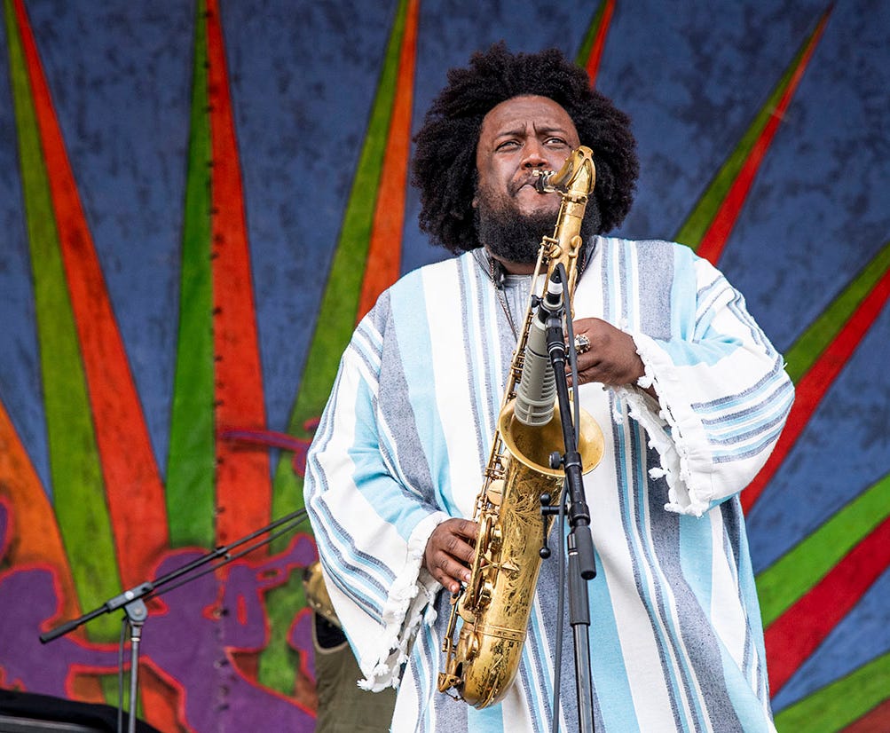 Kamasi Washington performs at the New Orleans Jazz and Heritage Festival on Friday, May 3, 2019, in New Orleans.