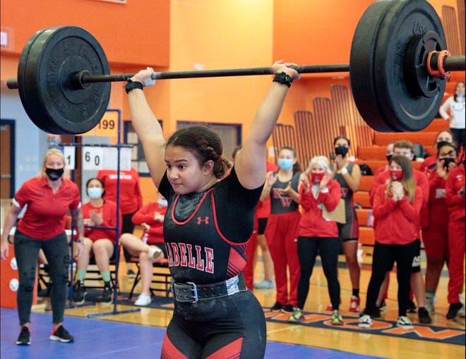 LaBelle's Jenna McClain secured her clean and jerk lift on her way to winning the Class A-Region 4 183-pound title at Lemon Bay on Saturday.