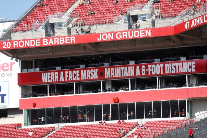 These were some of the reminders for fans related to COVID-19 that were posted this season at Raymond James Stadium in Tampa, the site of this year's Super Bowl.