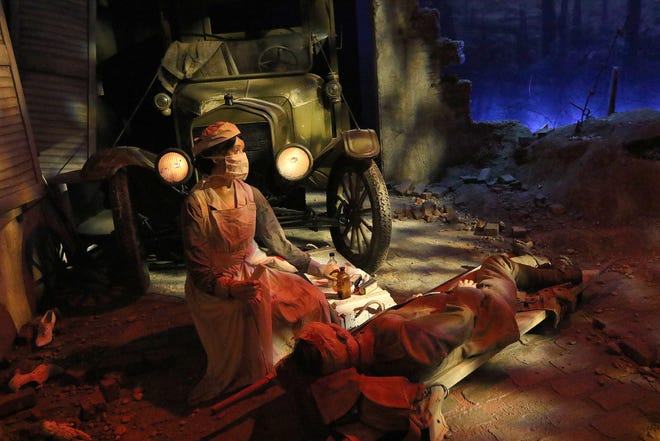 The "WWI Trench Experience" display at the American Heritage Museum in Hudson depicts nurse anesthetist Helen Boylston during the Battle of Saint-Mihiel, in France.