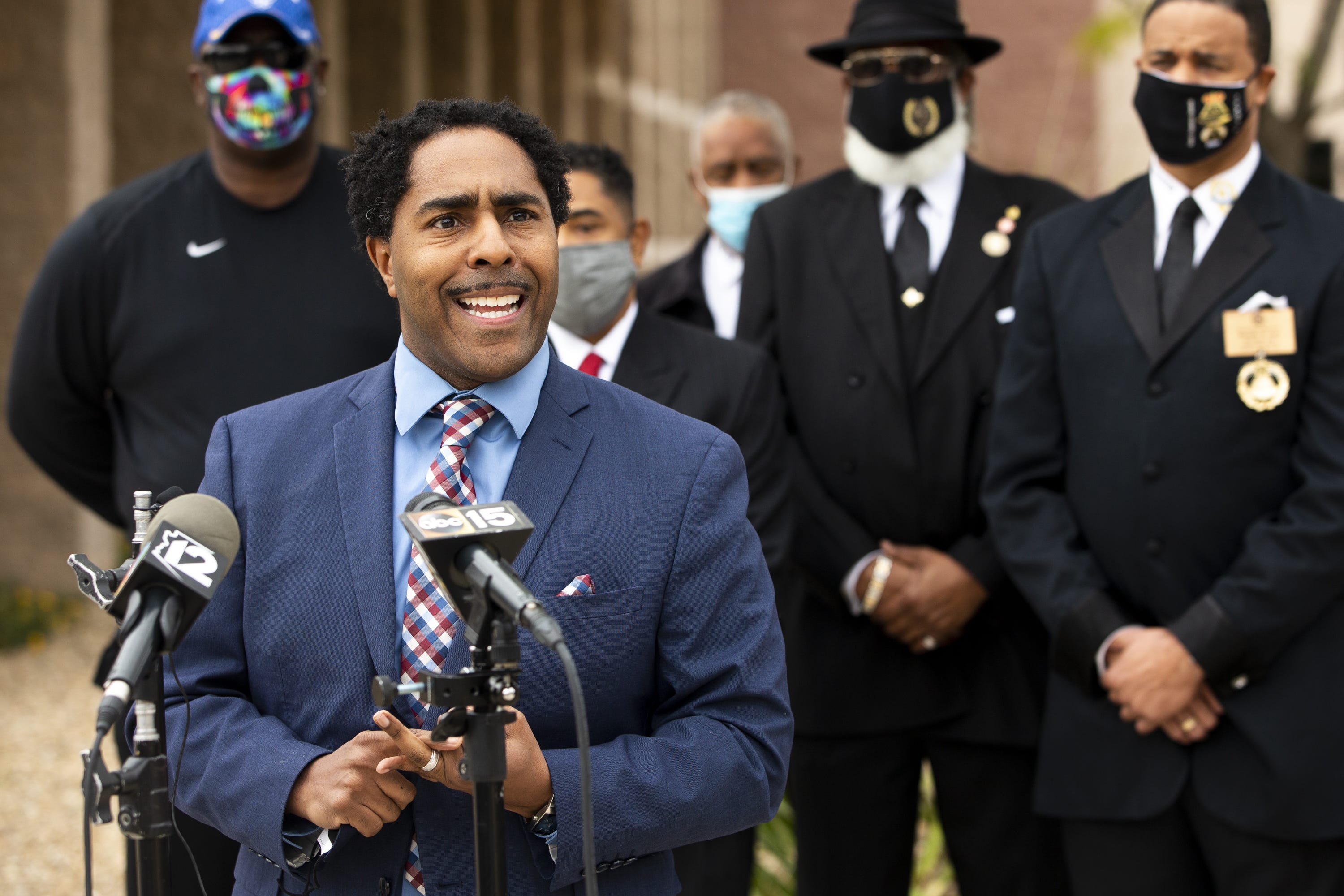 Attorney Benjamin Taylor speaks at a press conference on behalf of his client, Ricky Barnes, outside Avondale City Hall in Avondale on Feb. 1, 2021.