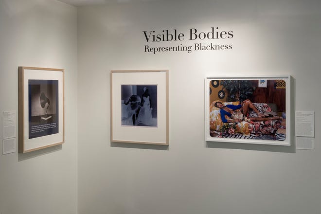 Installation view with artwork by Carrie Me Weems, Fred Wilson, and Mickalene Thomas, Frances Lehman Loeb Art Center.