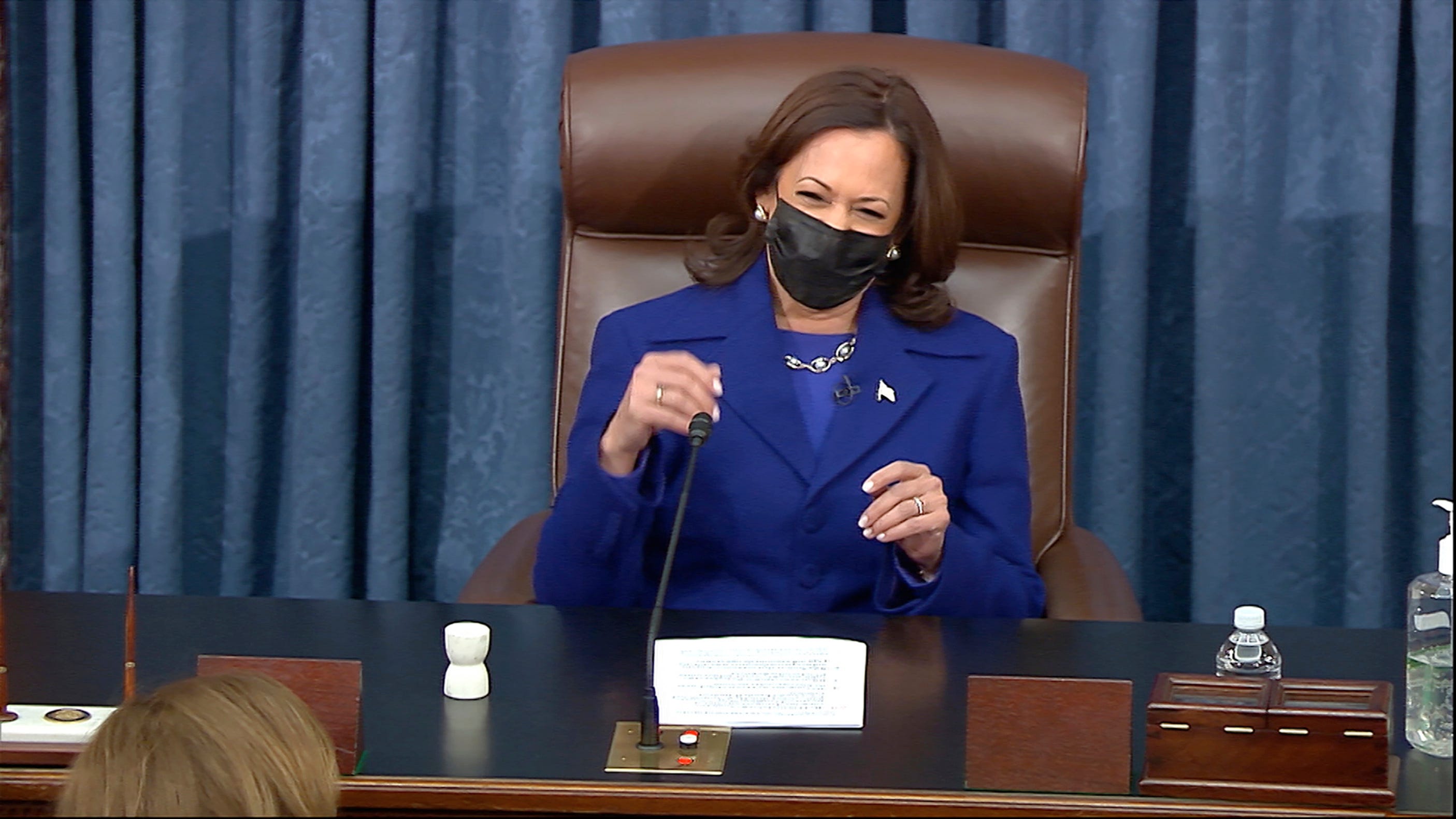 In this image from video, Vice President Kamala Harris presides over the Senate on Wednesday, Jan. 6, 2021, on Capitol Hill in Washington.