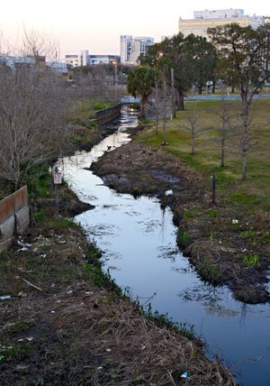 Hogans Creek winds  past Springfield's Klutho Park toward the Broad Street bridge in this 2016 photo. Groundwork Jacksonville has been gathering money to pay for early steps ina retoration design that would help realize plans for a large, remade Emerald Trail of green space linking many of Jacksonville's core neighborhoods.