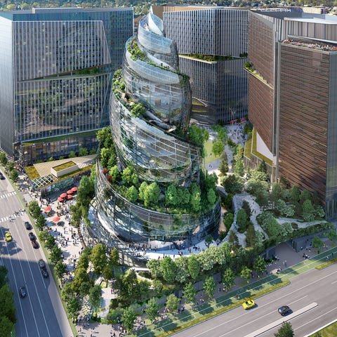 A rendering of Amazon's second headquarters in Arl