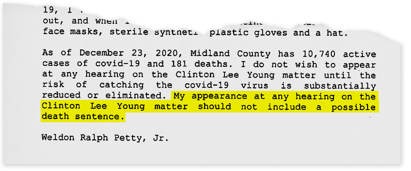 In a letter to the court, Ralph Petty said he was in poor health and feared contracting the coronavirus. He declined to attend the videoconference in Clinton Young's case even though he could have done so from the safety of his own home.