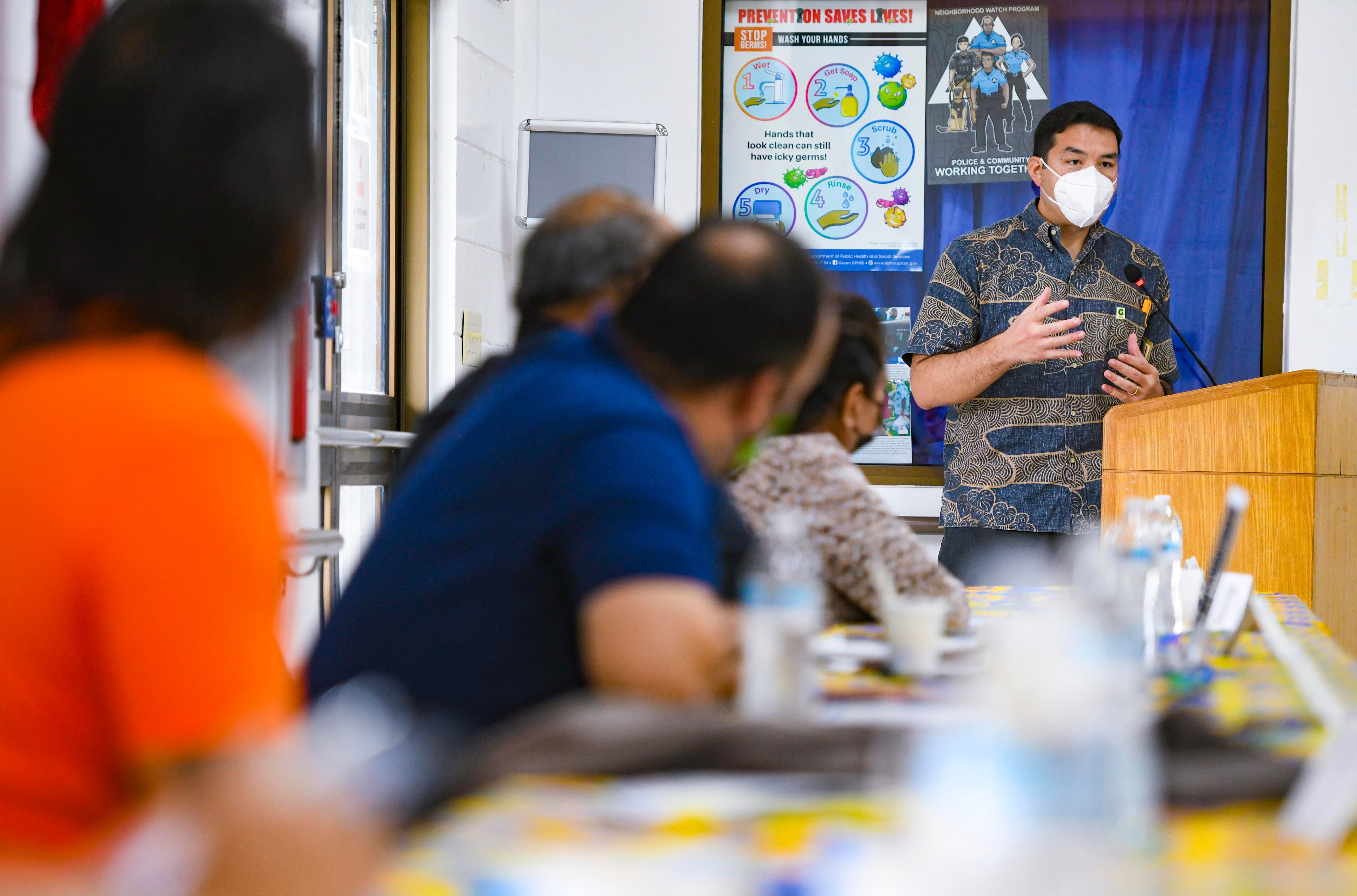 Austin Shelton, University of Guam Center for Island Sustainability executive director and UOG Sea Grant Program director, addresses village leaders during the Mayors' Council of Guam regular monthly meeting held at the Tamuning Senior Center on Wednesday, Feb. 3, 2021.