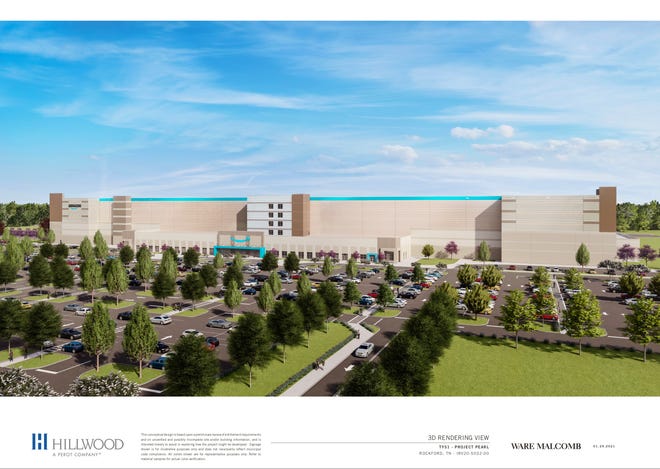 Amazon will open a 634,000-square-foot fulfillment center in Alcoa, officials announced on Feb. 3, 2021. This rendering, provided by developer Hillwood, shows the design of the building, to be constructed on a portion of the former Pine Lakes Golf Course in Alcoa.