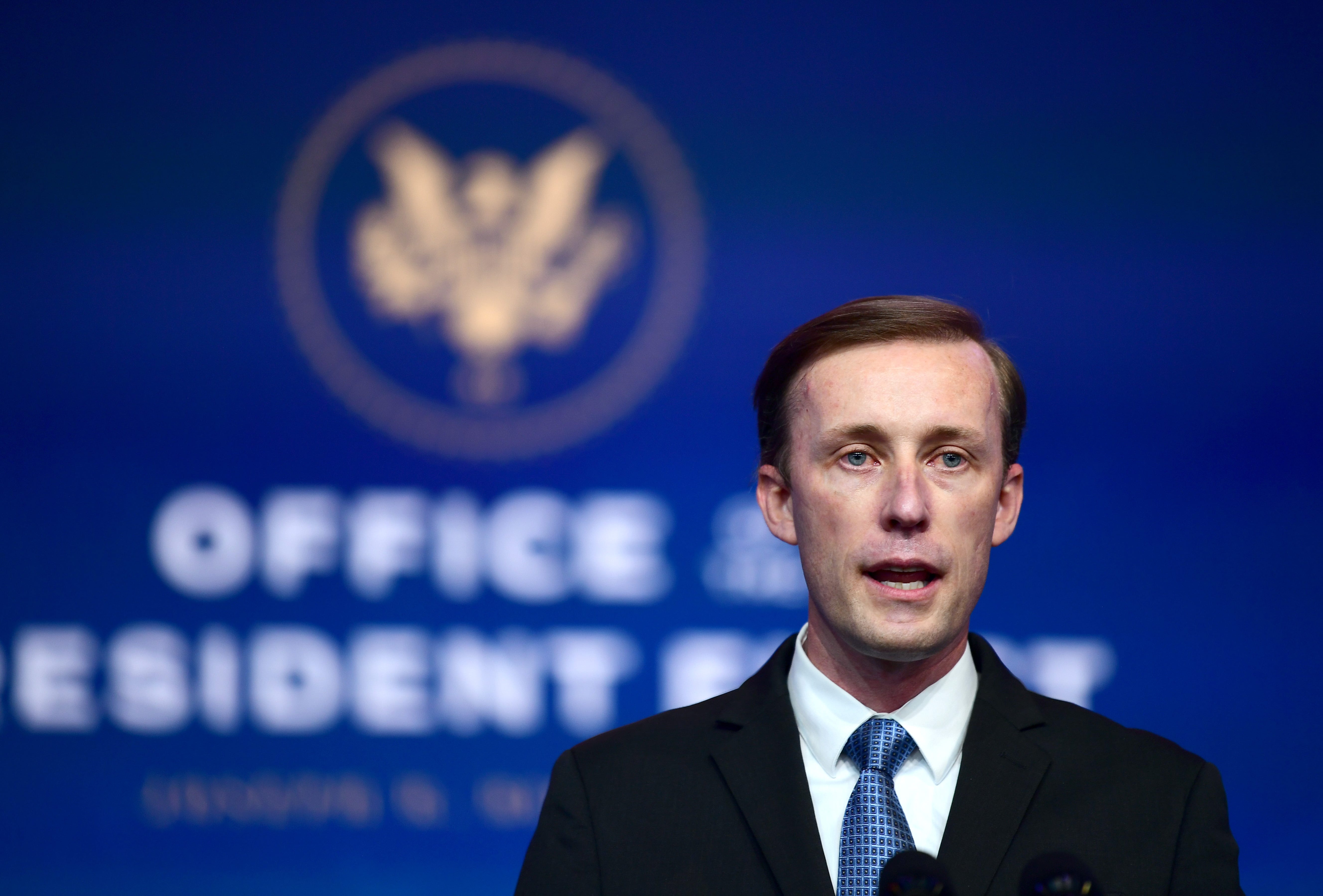 National Security Advisor nominee Jake Sullivan speaks after being introduced by President-elect Joe Biden as he introduces key foreign policy and national security nominees and appointments at the Queen Theatre on November 24, 2020 in Wilmington, Delaware.