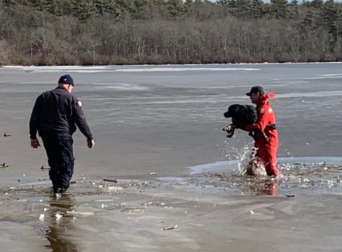 Middleborough Fire Dept. Captain Dave Taylor, left, and firefighter Patrick Murphy rescued a dog that had fallen through the ice at Great Quittacas Pond this afternoon, Feb. 4. Kane was reunited with his owner right after the ordeal and reported to be just fine.