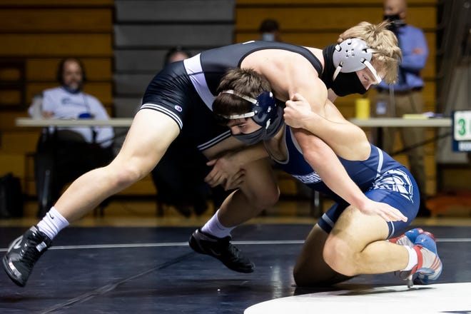 Chambersburg's Tate Nichter, bottom, wrestles South Western's Owen Reed in the 172 pound bout on Wednesday, February 3, 2021. Nichter won by fall in 2:34.