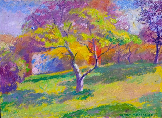 A magnificent landscape painting produced Hensche's signature “color spot” style.