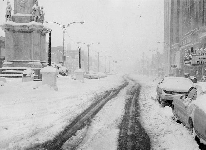 Snow covers the 700 block of Broad Street after a freak storm over two days in February 1973.