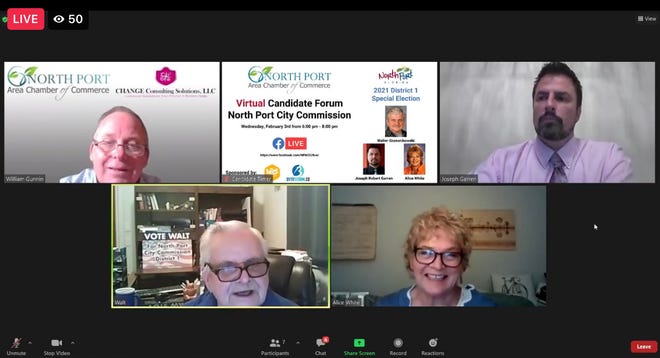 The North Port Area Chamber of Commerce hosted its virtual candidate forum for the March 9 special election for the North Port City Commission District 1 seat. Top row from left: Chamber Executive Director Bill Gunnin, candidate Joseph Garren. Bottom row: candidates Walt Grzenikowski and Alice White.