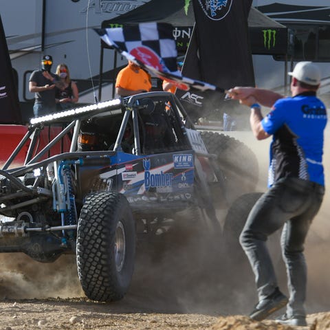 Randy Slawson crosses the finish line to win the 2